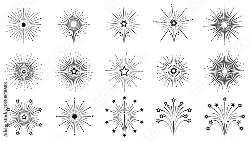 A collection of fifteen different firework burst icons and celebration symbols in a black and white line art style.