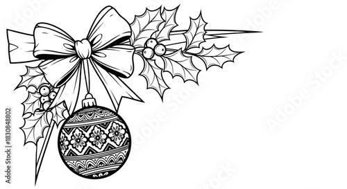 A black and white line drawing of a Christmas corner decoration with a bow, holly, and a patterned ornament.