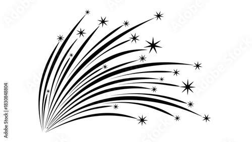 A dynamic black and white graphic illustration of a starburst or firework effect with many curving lines and small star shapes emanating from a central point.