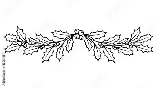 Black and white line art drawing of a symmetrical holly garland with leaves and berries, a festive decorative border.