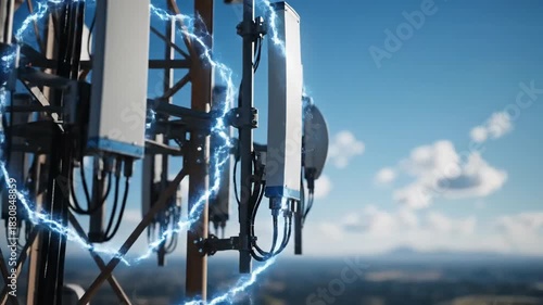 Close up of a cellular tower with blue electrical sparks and arcs against a bright sky with scattered clouds and a distant landscape below showcasing modern communication technology and energy