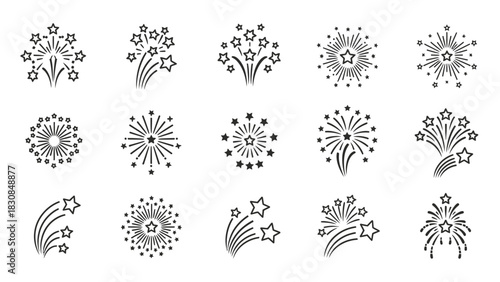 A collection of fifteen black and white firework icons showing various burst and explosion designs with stars.