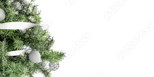 3d render Christmas Tree Corner Border with White Ornaments and Ribbon on White Background
