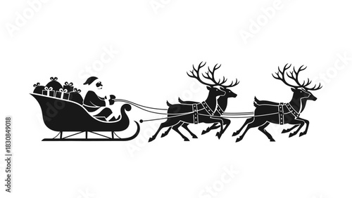 A black silhouette of Santa Claus riding his sleigh full of gifts, pulled by two flying reindeer against a white background.