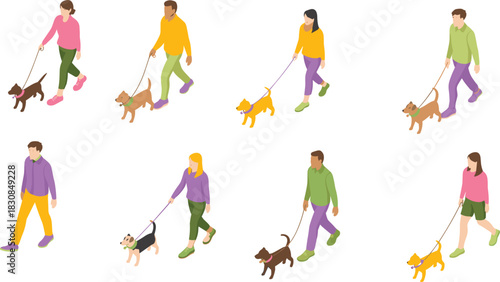 Isometric illustration set showing diverse people walking dogs on leashes, outdoor pet walking activity, characters strolling with pets in various poses