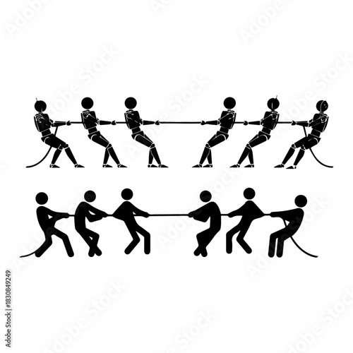 human and robots pulling the rope game