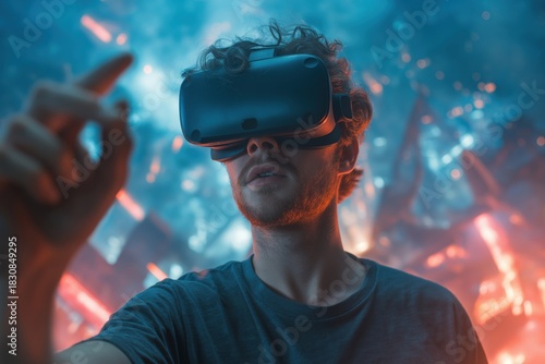 Immersive VR experience with dynamic visuals, young man exploring digital world with virtual reality headset in futuristic setting, technology and gaming concepts