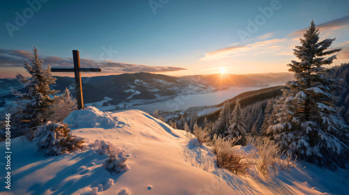 A solitary wooden cross on a snowy hill during golden hour, a Christian symbol of faith in nature, a beautiful winter mountain landscape at sunset, a religious background for Easter.