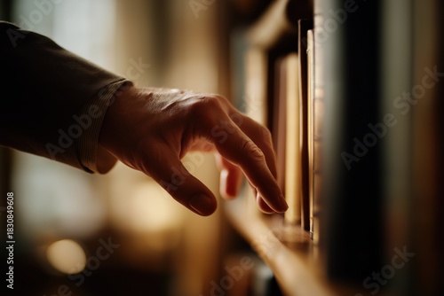 Intrigued hand selects a book from a classic library shelf, evoking knowledge, wisdom, and a love of reading in a warm, inviting atmosphere