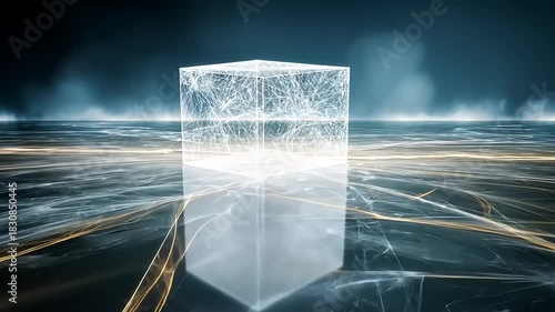 Abstract Glowing Cube on a Dark Horizon: A Visual Exploration of Light and Space