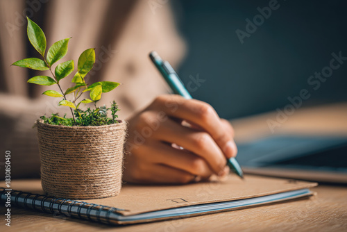 Circular economy business concept with small green plant in pot on notebook and person writing in background showing sustainable growth and eco friendly planning