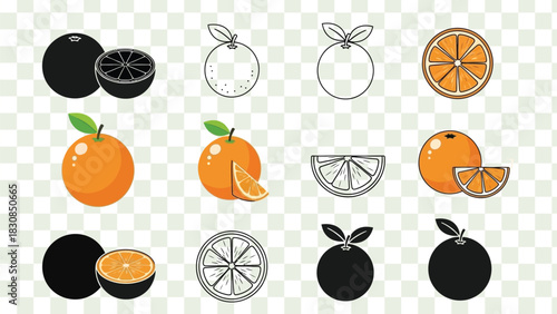 Orange Fruit Icon Set – Black Outline and Colorful Version Included, Fresh Citrus Vector Illustrations for Food, Nutrition, and Packaging Design