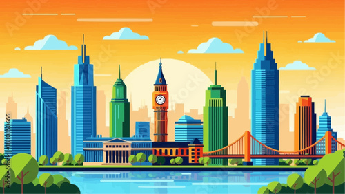Cityscape illustration of buildings and architecture with river and sunset urban skyline design vector art brazil ceara