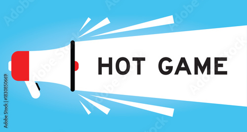 Color megaphone icon with word hot game in white banner on blue background