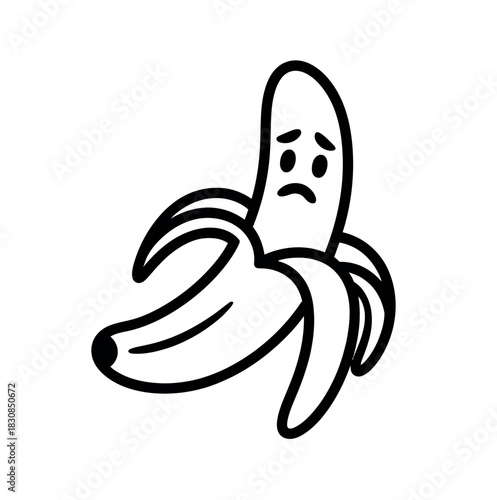 A sad, peeled banana with a worried expression depicted in a simple black and white line drawing.