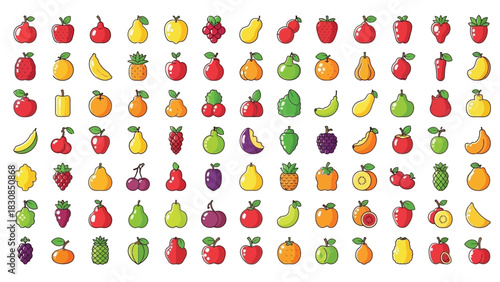 Fresh Colorful Fruit Illustrations Pack – Dynamic Vector Icon Set Featuring Seasonal and Exotic Fruits for Nutrition and Food Product Designs