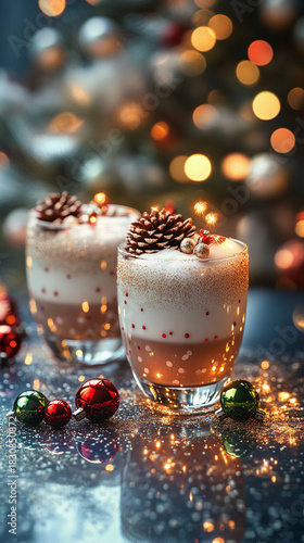 Festive holiday drinks with pinecone garnish and sparkling christmas decorations, cozy winter celebration