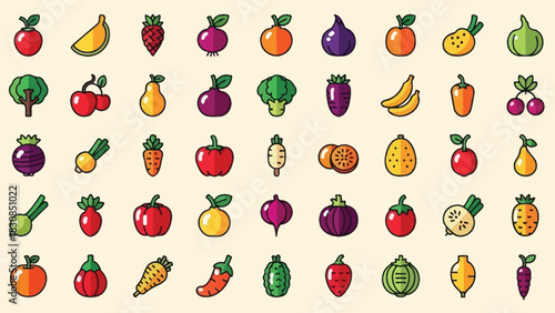 Bright Colorful Fruit Icons Pack – Detailed Vector Illustrations of Mixed Fresh Fruits Perfect for Menu Design, Packaging, and Healthy Lifestyle Graphics