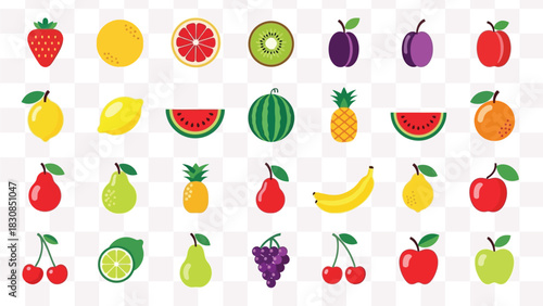 Colorful Fresh Fruits Icon Set – Vibrant Vector Collection Featuring Tropical, Citrus, and Seasonal Fruits for Modern Food and Nutrition Designs