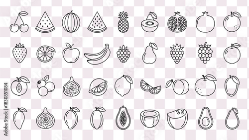 Mixed Fresh Fruits Icon Pack – Modern Outline Vector Collection of Organic, Tropical, and Seasonal Fruits for Healthy Lifestyle and Food Graphics
