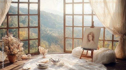 An artist's studio with a portrait painting on an easel, soft light, and a scenic view through a large window. The scene is filled with natural light and a sere