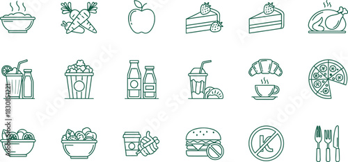 Junk Food and Street Food Icon Collection – Modern Minimal Vector Set with Burgers, Pizza Slices, Donuts, Fries, and Soda