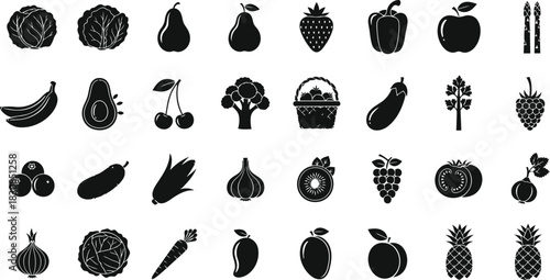 Organic Fruits Icon Set – Modern Minimal Vector Collection Featuring Assorted Fresh Fruits for Nutrition, Food Products, and Eco-Friendly Designs