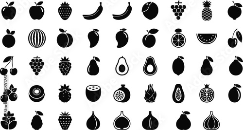 Collection of Fresh Organic Fruits Icons – Minimal Clean Vector Set Featuring Tropical and Seasonal Fruit Illustrations for Healthy Food Design