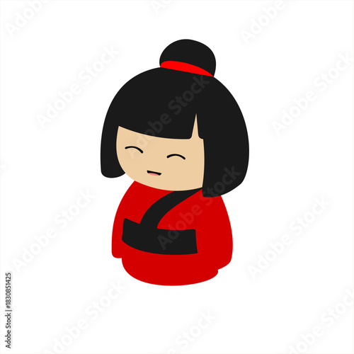 Traditional Japanese Kokeshi doll. Cute girl in a green silk kimono with a Japanese pattern. English text: "Miniature japanese kokeshi doll. Vector. 