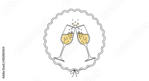 Two champagne glasses clinking together with bubbles in a decorative circular frame.