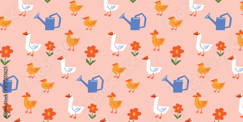 Childish Farm Ducks Geese Chicks and Flowers Seamless Pattern. Repeating Cute Animal and Garden Elements with Watering Can. Colorful Flat Vector Illustration for Kids Textile Wrapping Paper