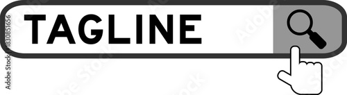 Search banner in word tagline with hand over magnifier icon on white background