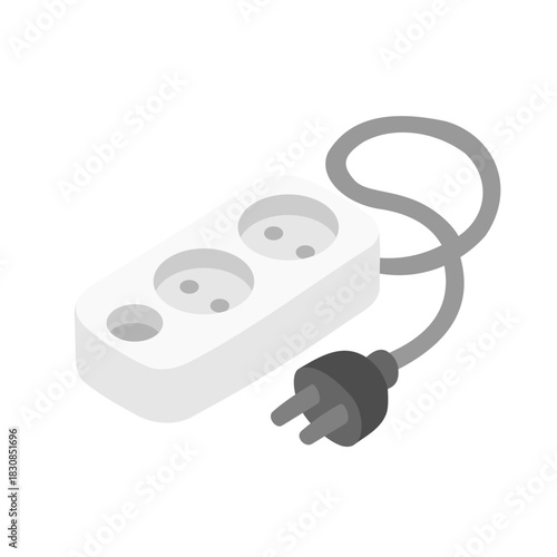 Isometric extension cord. Household multi socket, electric power outlet plug with different ports connectors 3d vector illustration. Electric extension cord