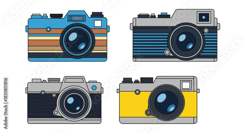 Four retro style cameras in different colors and designs, presented on a white background.