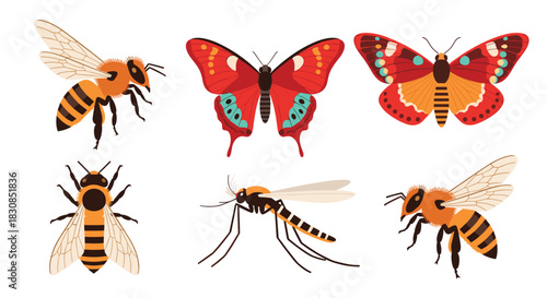 Collection of colorful insects including bees, butterflies, and a mosquito.