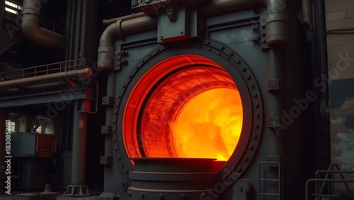 adios. Molten iron flowing from a steel furnace, glowing against dark industrial interior. safety posters, maintenance manuals, designed for precision metalworking and fabrication facilities.