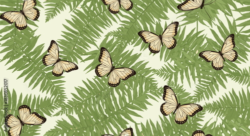 Seamless pattern of beige butterflies fluttering among lush green fern leaves on a light background.