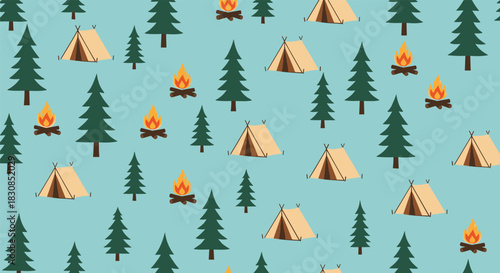 A charming camping pattern featuring tents, campfires, and pine trees on a light blue background.