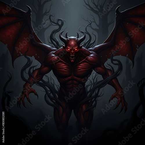 Powerful Demon Figure in Dark Forest.
