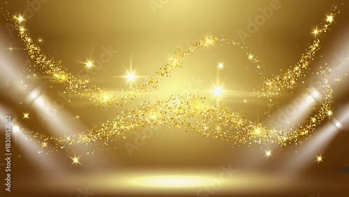 Golden stage with glittering particles, stars, and lights. Luxury award ceremony or New Year party, sparkling gold effects