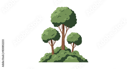 Illustration of three green trees on a mound of lush green bushes against a white background.