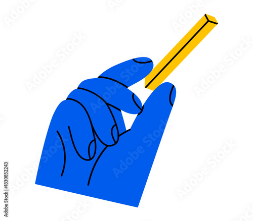 Hand drawn cute illustration of hand holding french fries. Flat vector crispy potato meal in arm doodle. Fastfood lunch. Unhealthy eating sticker, icon. Junk fatty food. Takeaway lunch. Isolated.