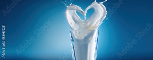 The glass of milk with heart shaped splash against blue gradient background