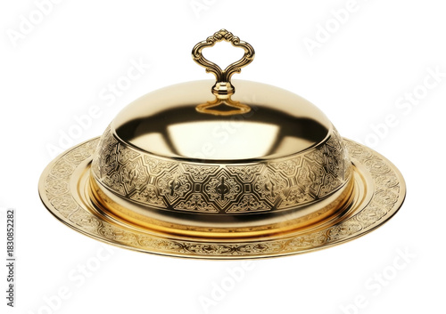 Golden serving cloche tray isolated cutout PNG