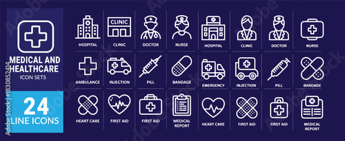Medical and healthcare line icons set. Hospital clinic doctor nurse ambulance injection pill bandage emergency first aid