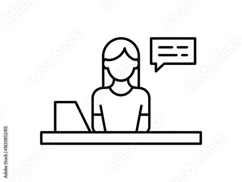 A simplified graphic illustration depicts a customer service representative or office worker at a desk with a laptop and a speech bubble indicating communication.