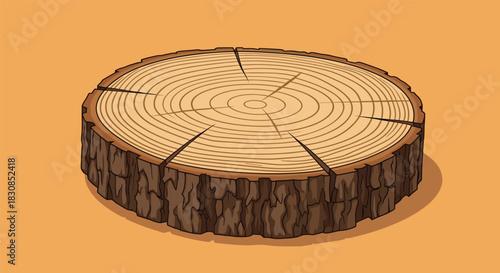 Close up illustration of a tree stump with visible growth rings and bark texture.