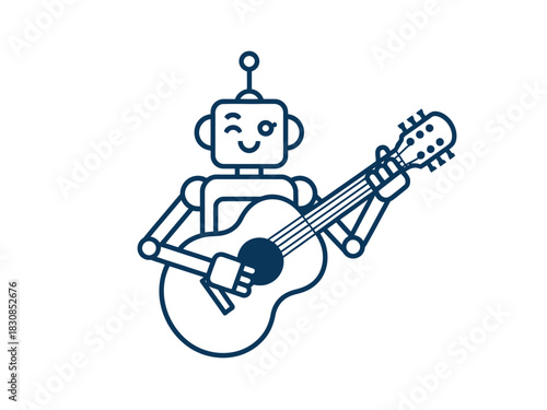 A charming robot character plays an acoustic guitar with a cheerful wink, symbolizing the intersection of technology and music.