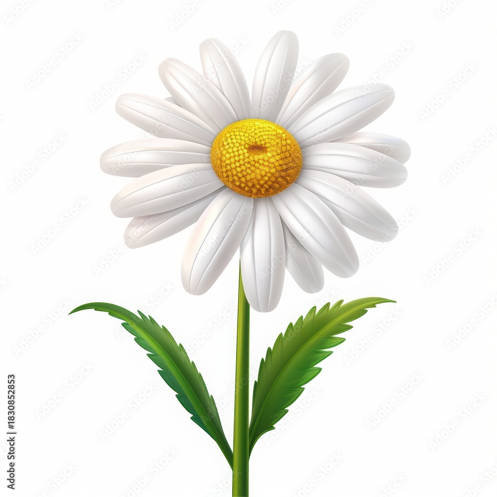 Fototapeta premium A vibrant daisy flower with white petals and a yellow center, surrounded by green leaves.