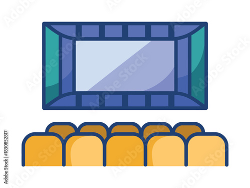 An empty cinema screen with rows of unoccupied seats suggests the anticipation of a film viewing experience.